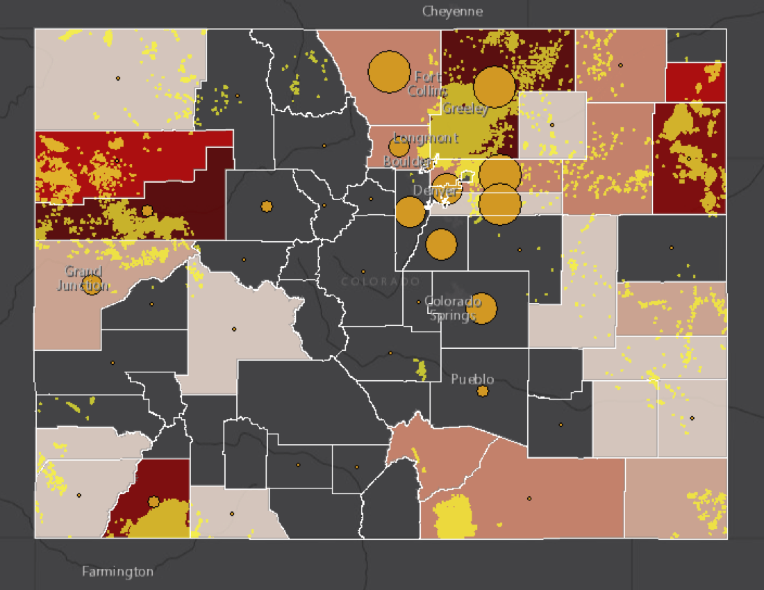 Map showing correlation of asthma attacks, oil & gas production facilities and air toxics.