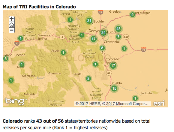 Distribution of large industrial facilities in Colorado