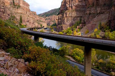 Highway bridge elevated above the Colorado River to avoid stream channelization