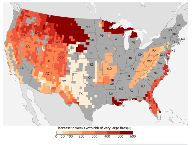 Map showing increased fire risk in almost all forested areas in the US.