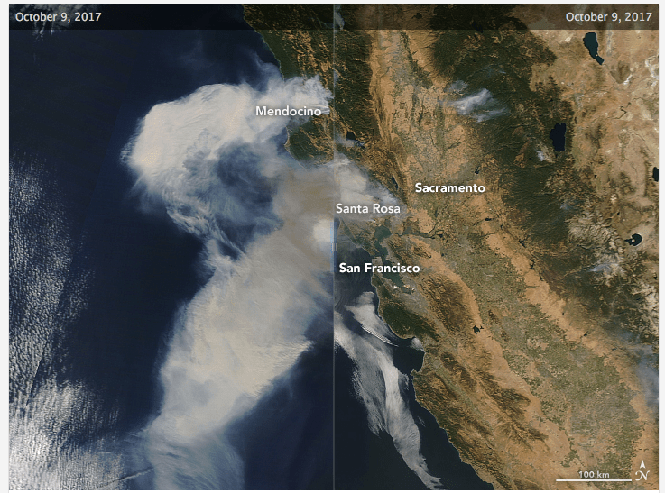 Smoke billowing across the ocean from Mendocino to San Francisco